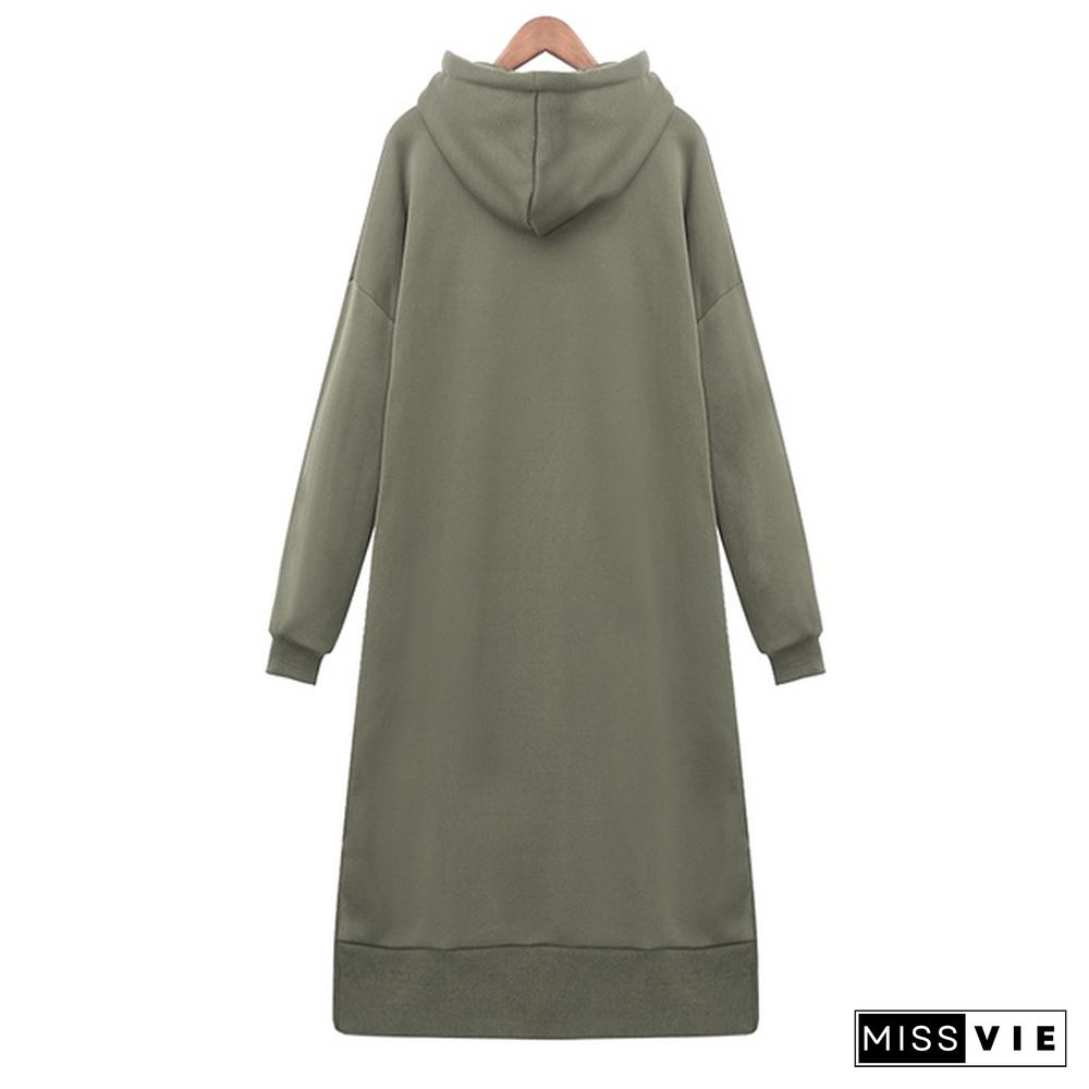 Ladies Hooded Loose Fleece Lined Casual Plus Long Dress Long Hoodies Tops