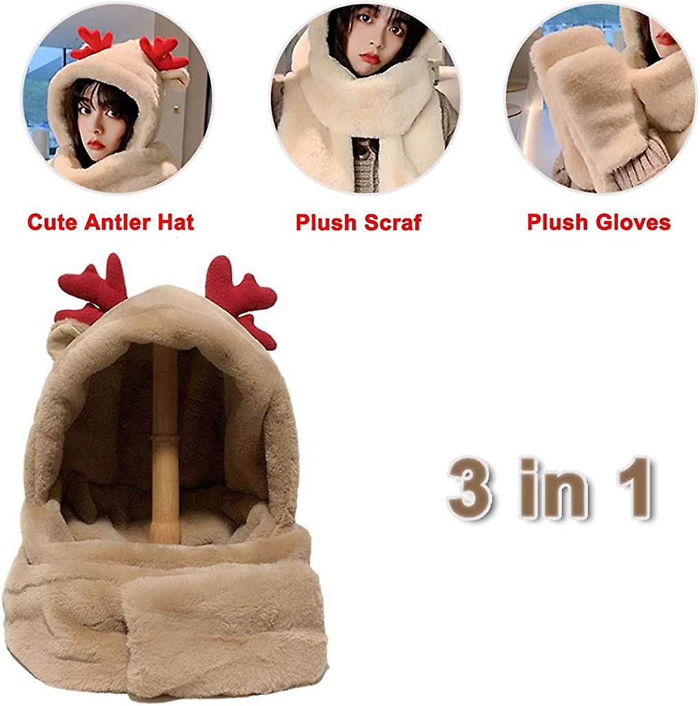 3 In 1 Hat Gloves Scarf Cute Plush Antler Hat Winter Warm Animal Hood Hat For Women Girls Christmas Costume Dress Up Coffee -