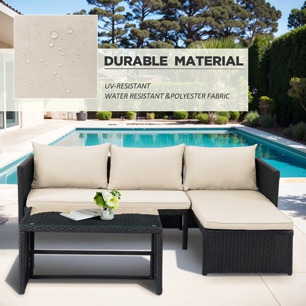 3 Pieces Patio Conversation Set，All Weather Outdoor PE Rattan Wicker Furniture Set with Cushions，Tempered Glass Coffee Table