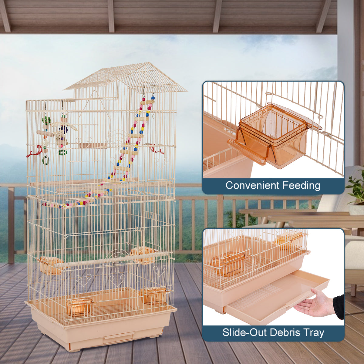 Dkelincs 39 Inch Big Birdcage Study Parakeet Cage Aviary with Accessories Roof Top Flight Parrot Cage with Ladder and Swing for Parakeet， Cockatiels， Parrots， Almond