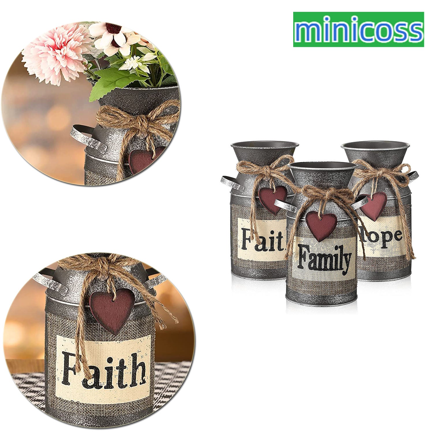 3 Pieces Metal Milk Can Farmhouse Vases Kitchen Decorations Above Cabinets Country Jug Milk Jug Vase for Living Room Bedroom Kitchen Bathroom Table, Hope,