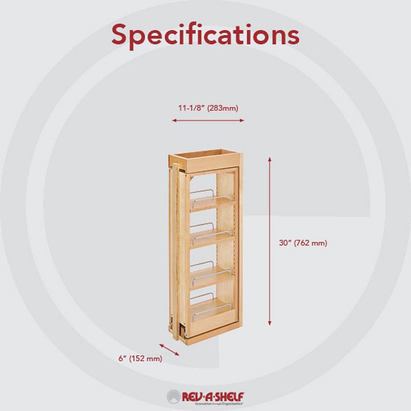 Rev-A-Shelf 6 x 30 In Pullout Between Cabinet Filler Maple Wood Shelf Storage