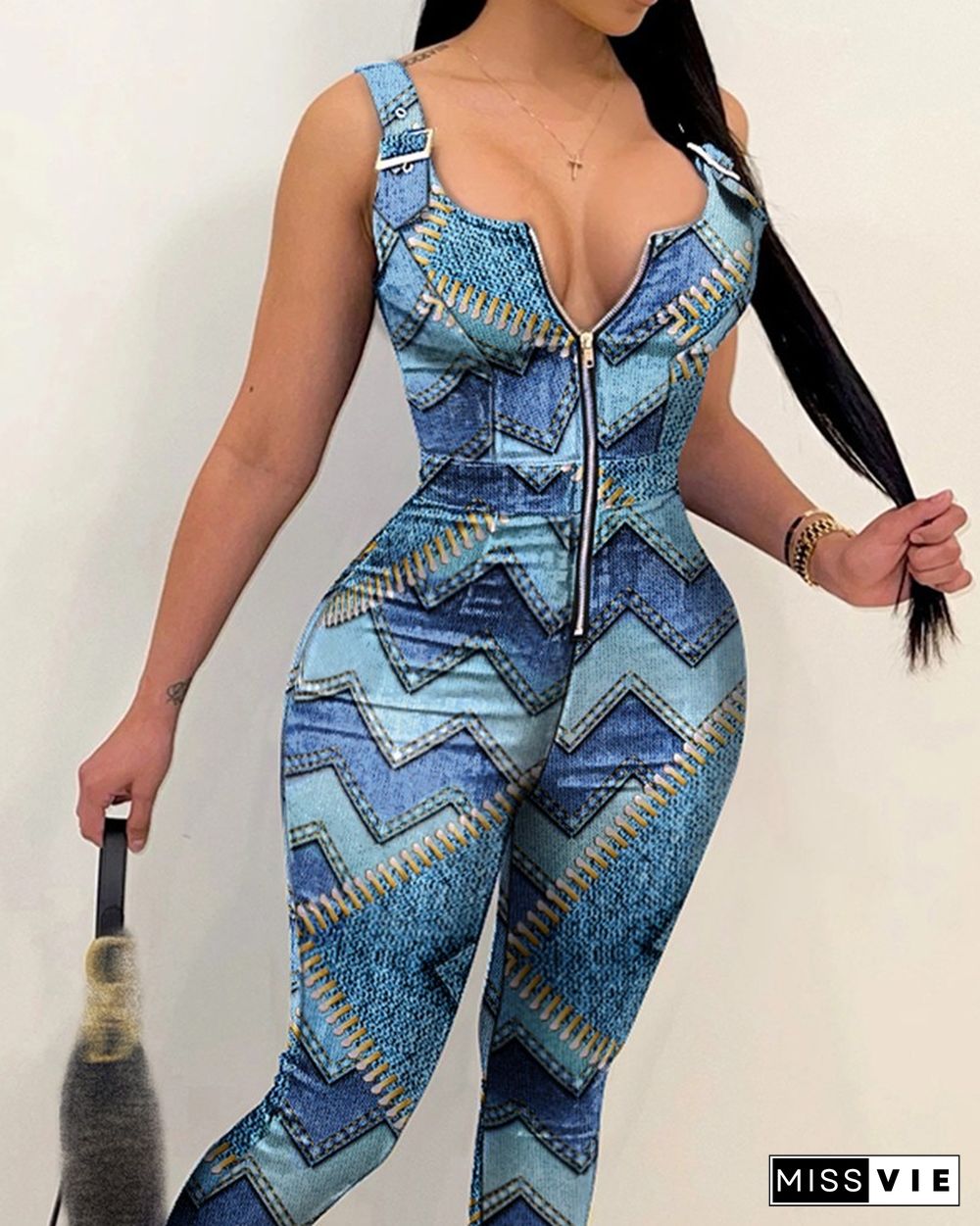 Zip Front Pattern Print Suspender Jumpsuit