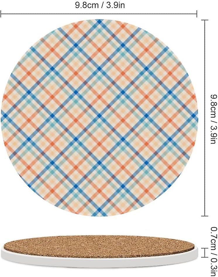 2pcs Round Orange Blue Tartan Plaid Ceramic Coasters With Cork-backed For Coffee Drink Cup Mat Absorbent Stone Coasters