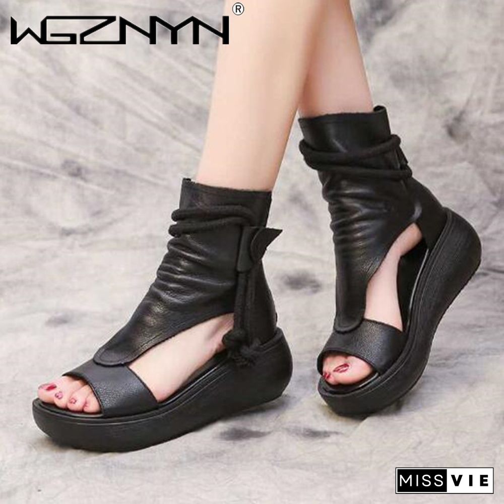 Hot New Summer Black Women Leather Sandals Cool Boots Platform Shoes Wedges Sandals Women Shoes Fashion Outdoor Sandals