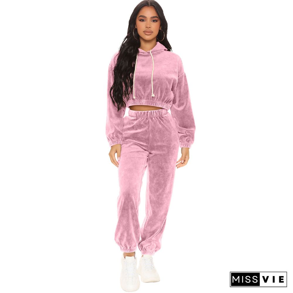 Velvet Hooded Crop Top Full Pants Two Piece Set