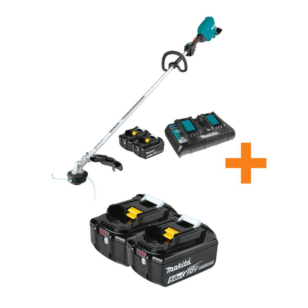 Makita 18V X2 (36V) LXT Lithium-Ion Brushless Cordless String Trimmer Kit (5.0Ah) with Bonus 18V LXT 5.0Ah Battery 2Pack XRU18PTBL1850B2