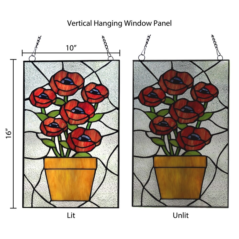 River of Goods Juliet River of Goods 16 Inch Red Flowers in Pot Stained Glass Window Panel   10\