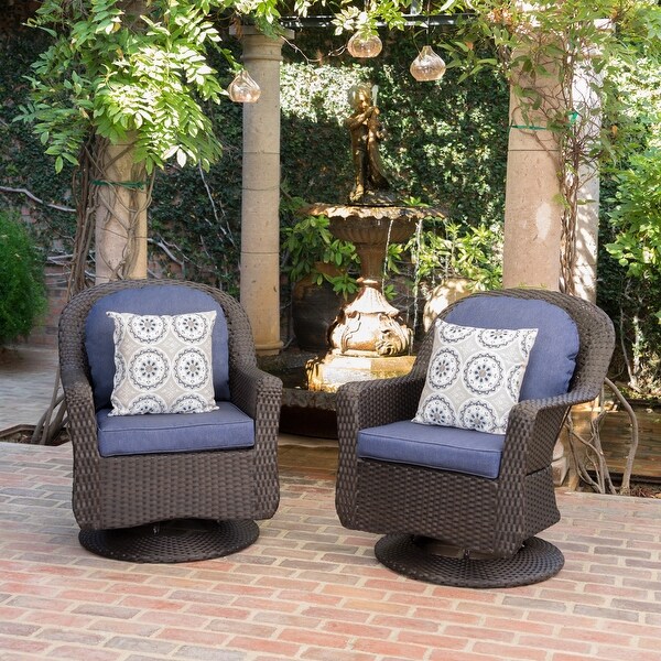 Liam Outdoor Brown Wicker Swivel Club Chairs with Water Resistant Cushions (Set of 2) by Christopher Knight Home