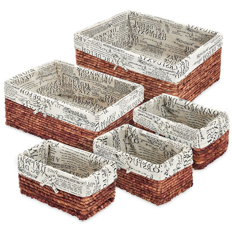 Set of 5 Brown Wicker Baskets with Cloth Lining for Storage， Lined Bins for Organizing Closet Shelves， Text Pattern (3 Sizes)