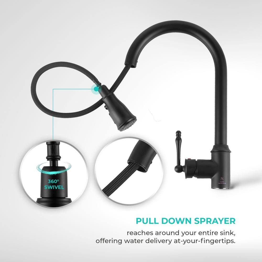 AKDY Easy-Install Single-Handle Pull-Down Sprayer Kitchen Faucet with Flexible Hose in Matte Black KF0009