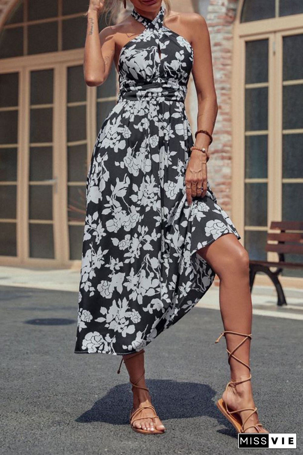 Black And White Floral Print Long Dress Wholesale