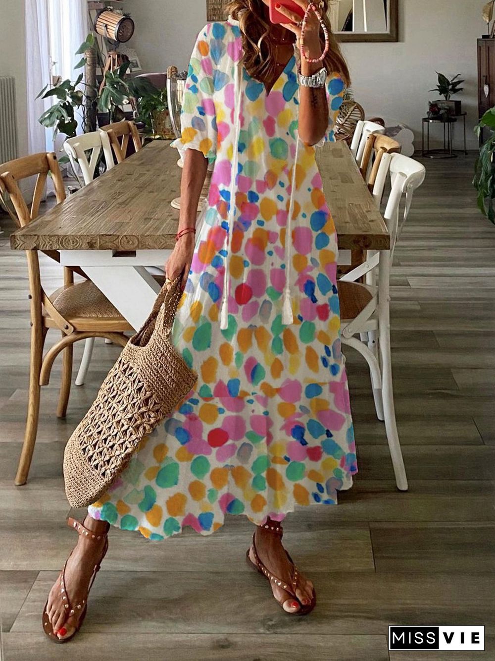 Polka Dots V Neck Tassel Half Sleeve Casual Maxi Dresses