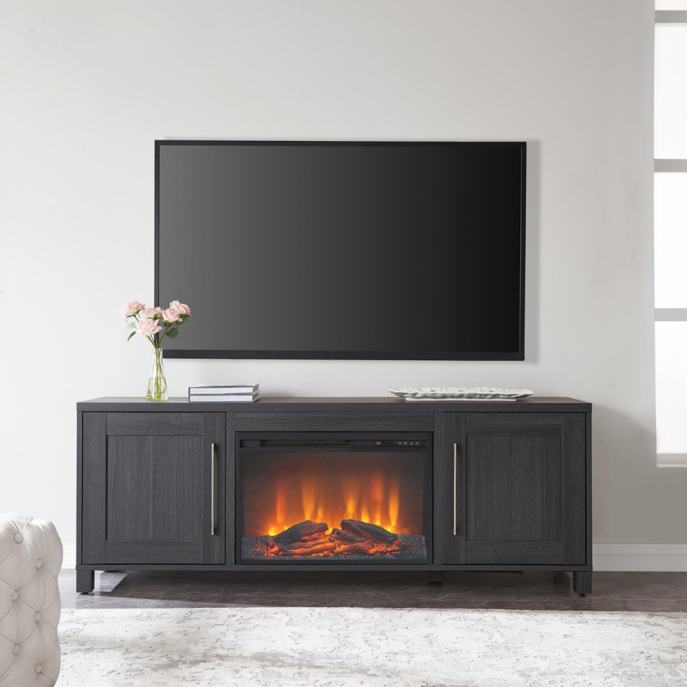 Transitional TV Stand  Fireplace and 2 Doors With Brass Metal Pulls   Transitional   Entertainment Centers And Tv Stands   by Declusia  Houzz