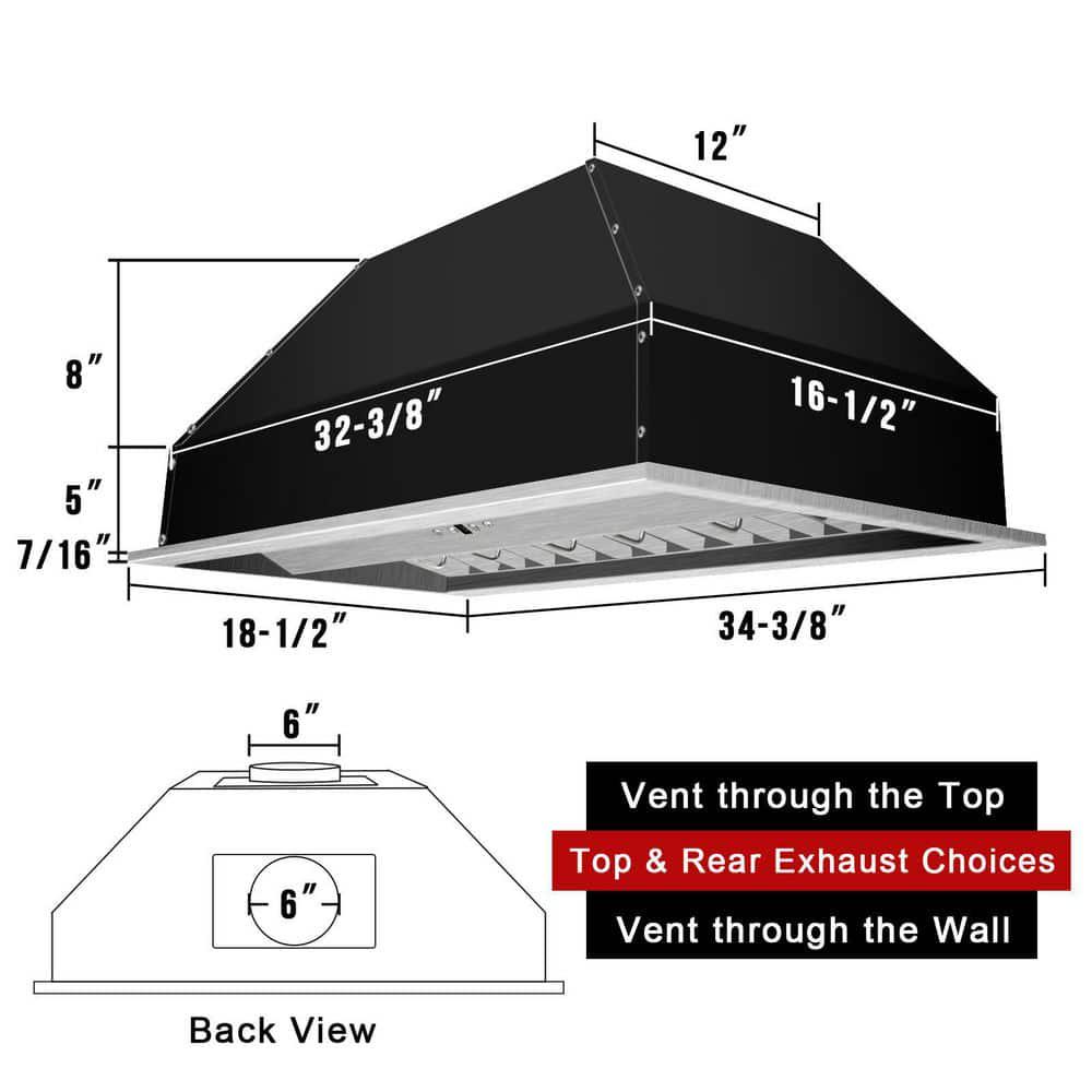 Akicon 36 in 3Speeds 600CFM Ducted InsertBuiltin Range Hood Ultra Quiet in Stainless Steel with Dimmable Warm White Light