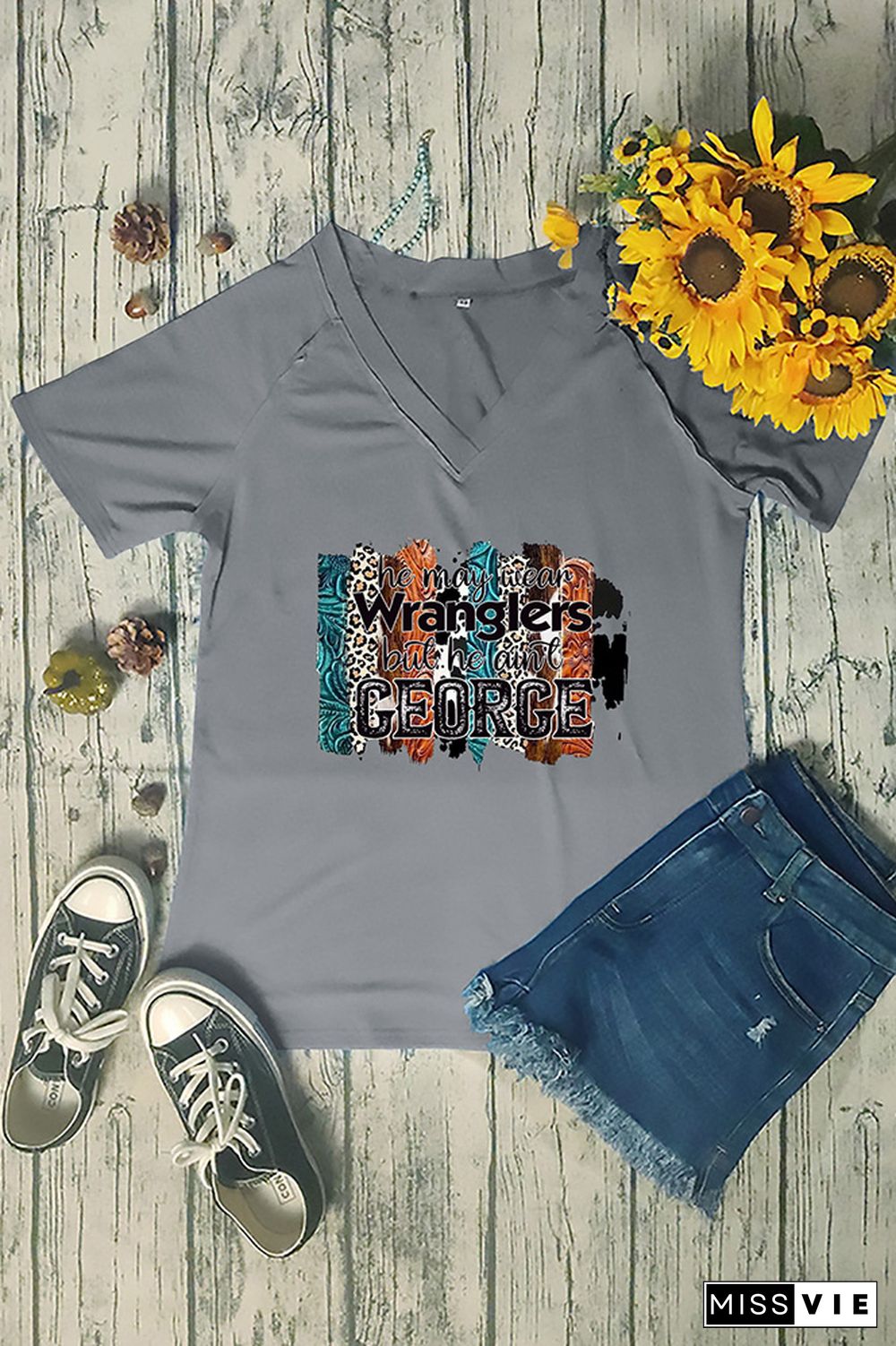 V Neck Western Print Graphic Tee