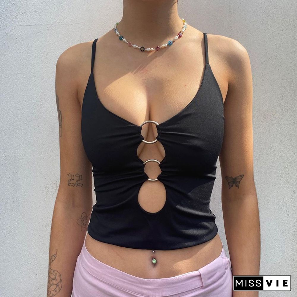 Fashion Trend Sexy Hollow Out Camisole Tops Women Sleeveless V Neck Solid Slim Fit Tank Top Summer Crop Top Streetwear