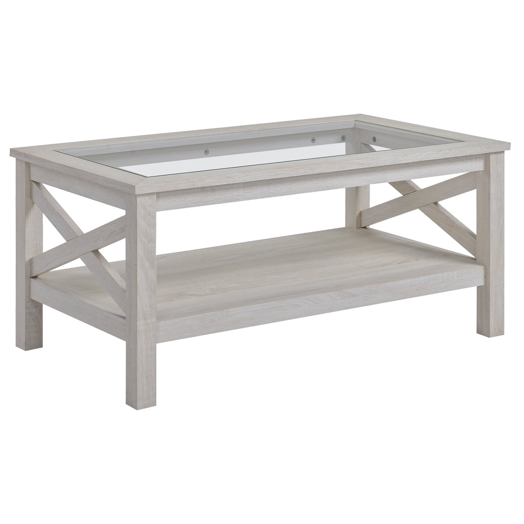 Traditional Coffee Table w/Wood Frame， Tempered Glass Tabletop， White Oak