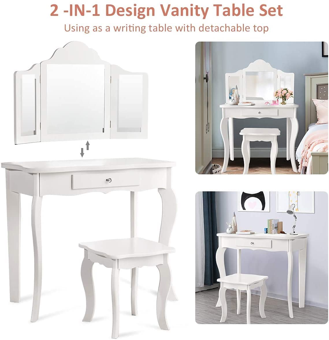 Kids Wooden Vanity Table & Stool Set