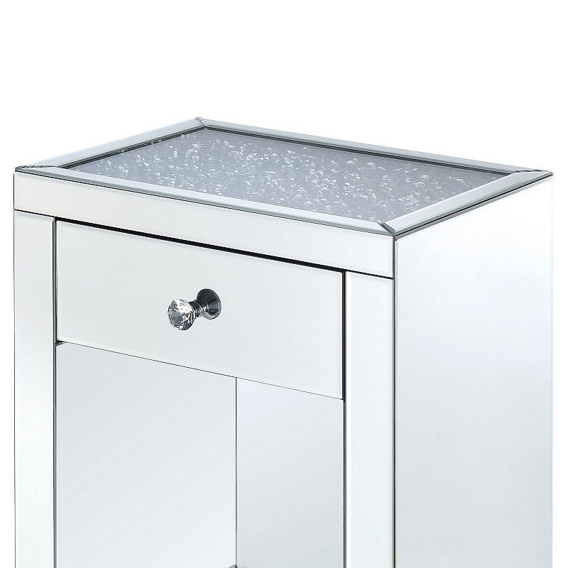 Mirrored Wooden Night Table with 1 Drawer and Bottom Shelf， Silver