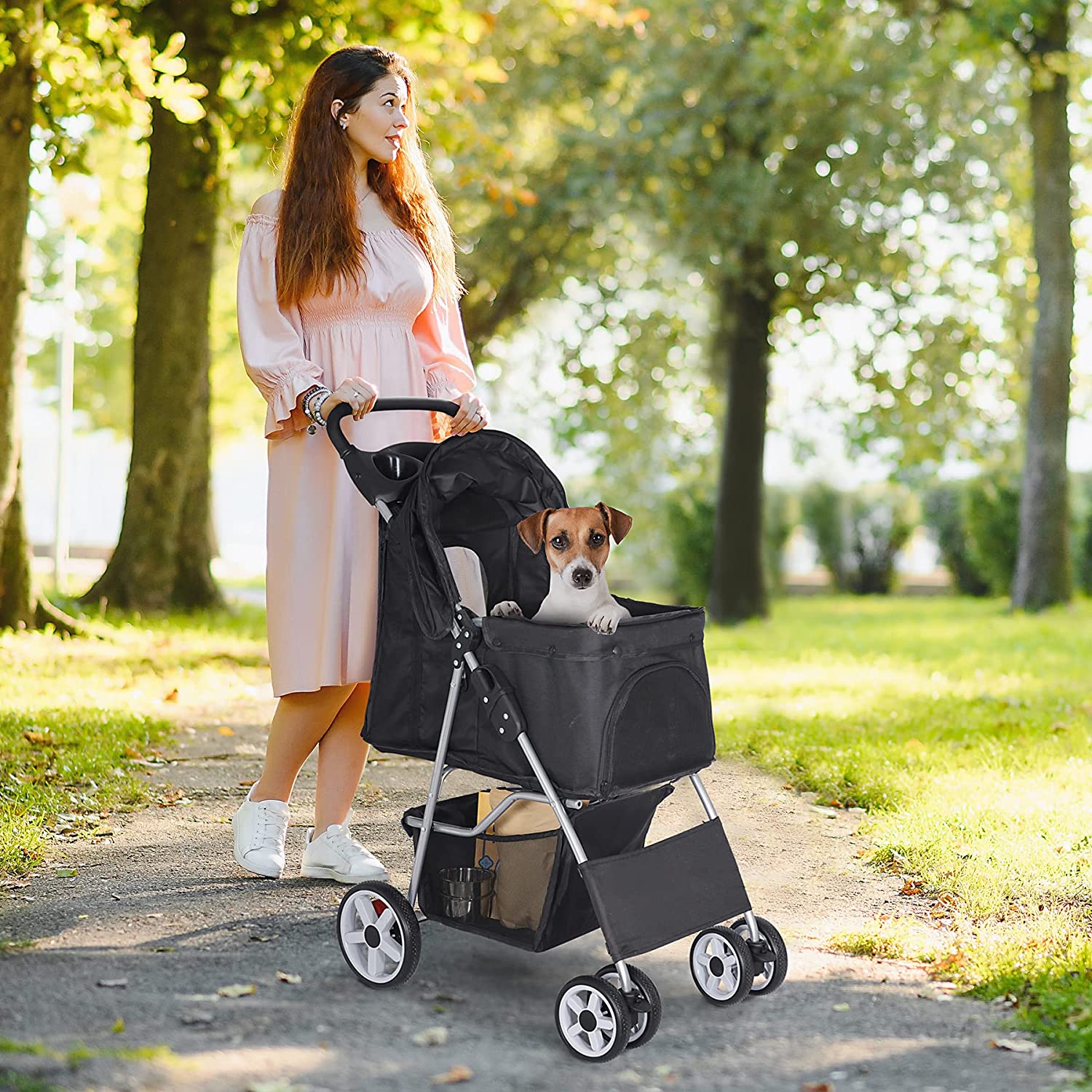 Foldable Pet Stroller， Cat/Dog Stroller with 4 Wheel， Pet Travel Carrier Strolling Cart with Storage Basket， Cup Holder， Black