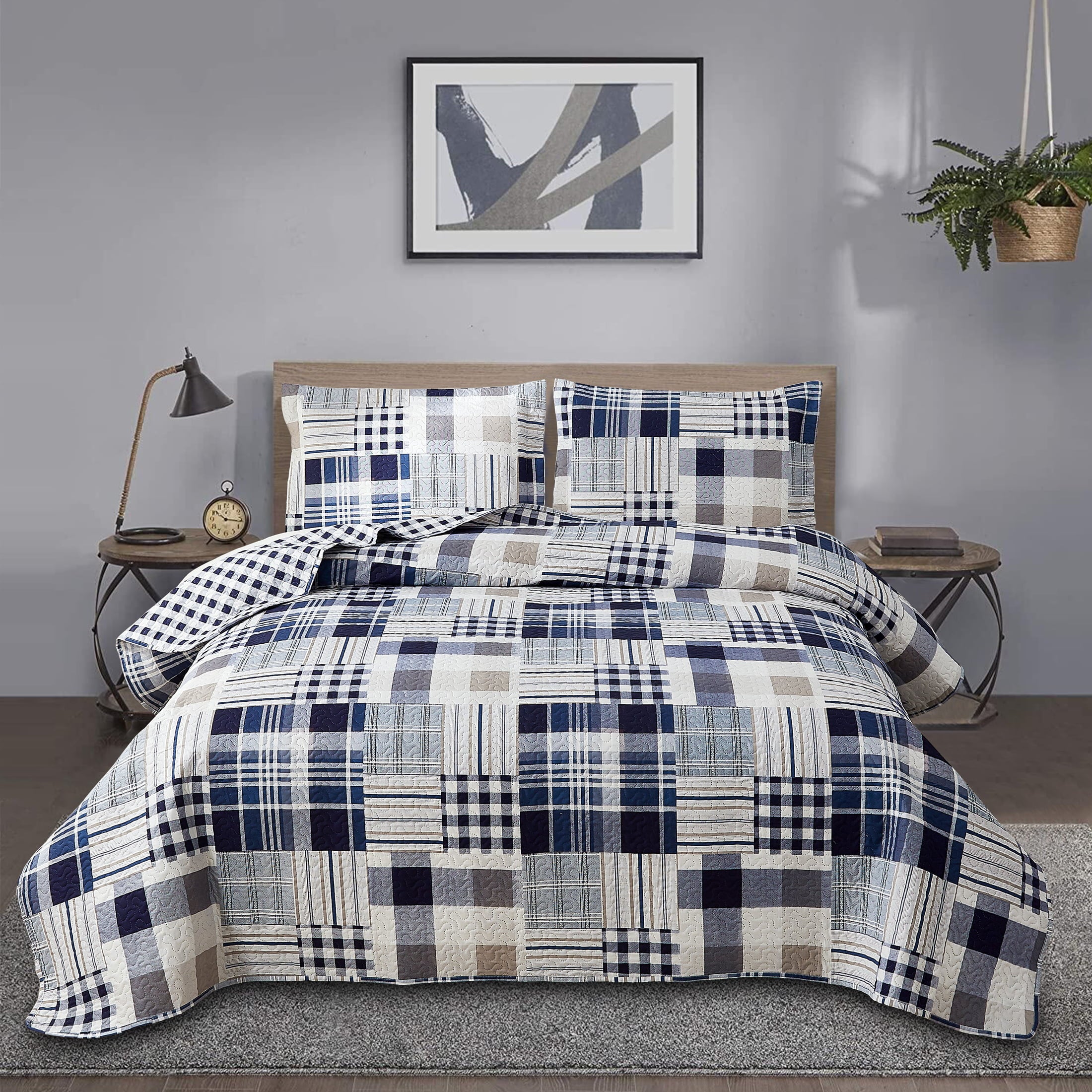 Jessy Home Queen/Full Size Plaid Bedspread Coverlet Buffalo Plaid Patchwork Quilt Navy Blue Bedding