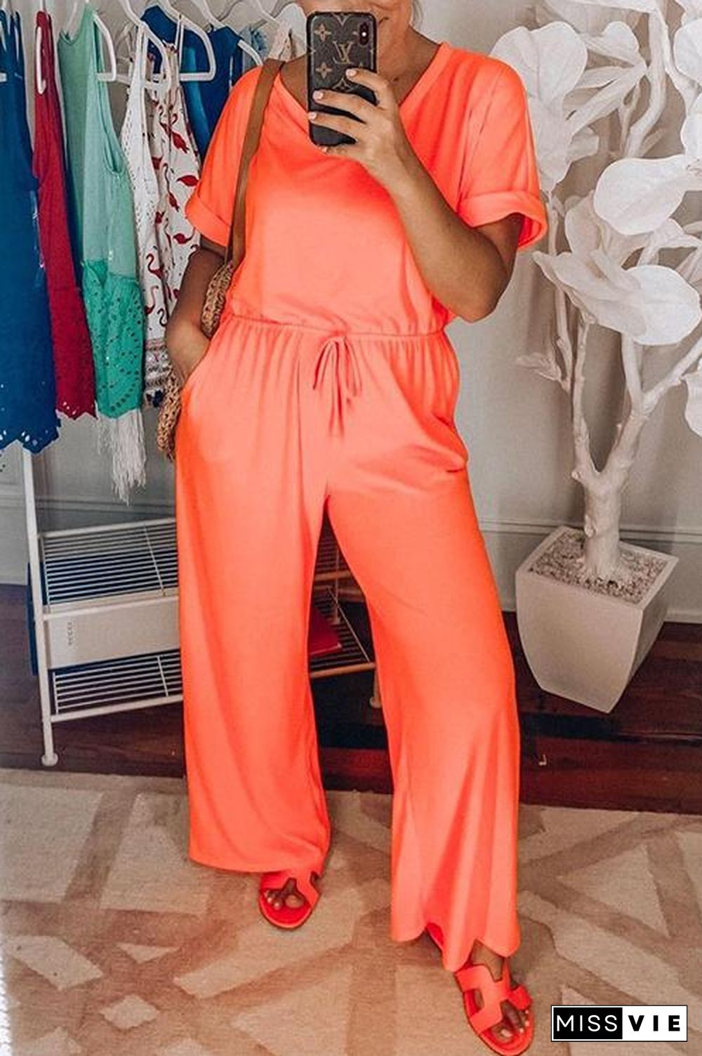 Solid O Neck Drawstring Jumpsuit