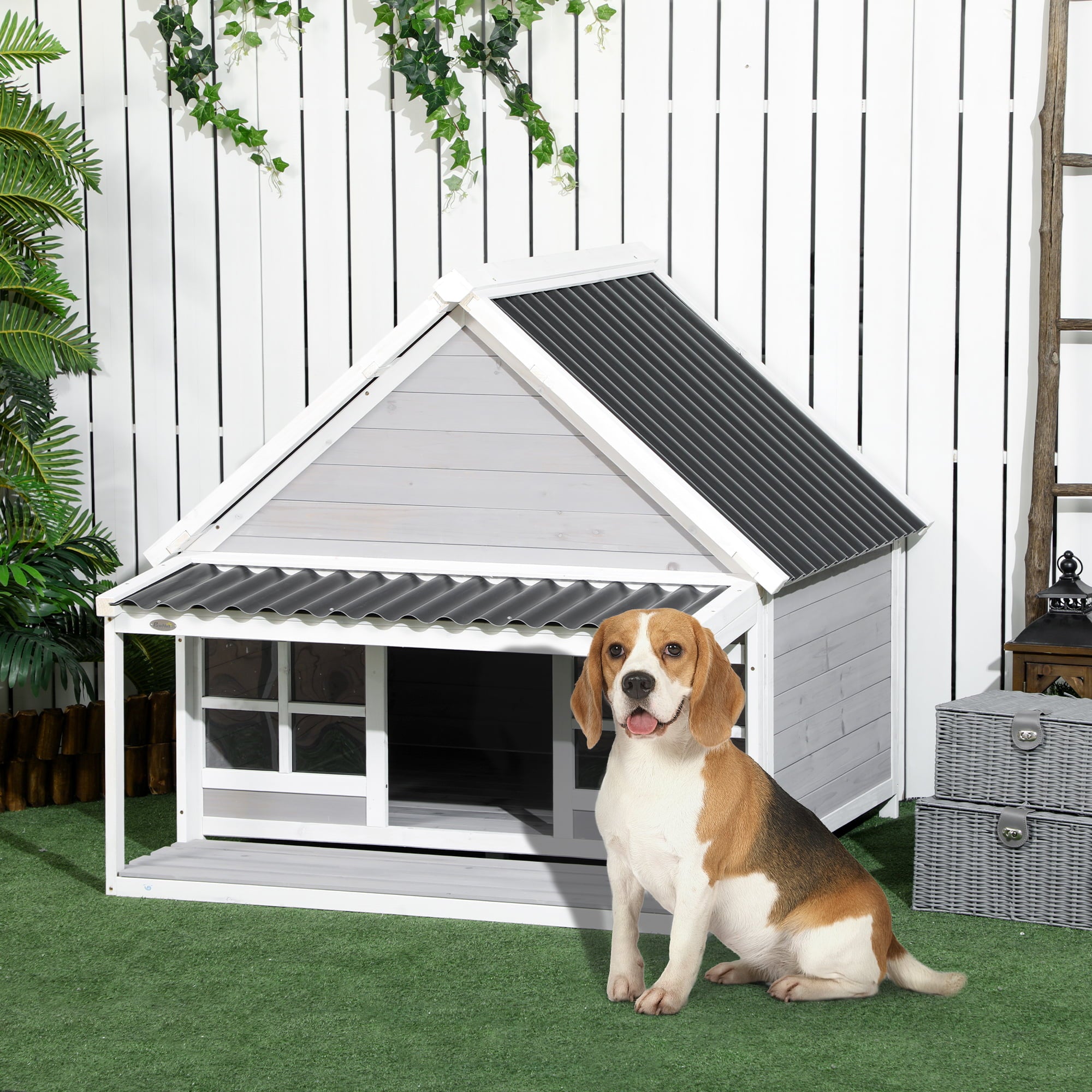 PawHut Wooden Dog House Outdoor with Porch， Cabin Style Raised Dog Shelter with PVC Roof， Front Door， Windows， for Large Medium Sized Dog