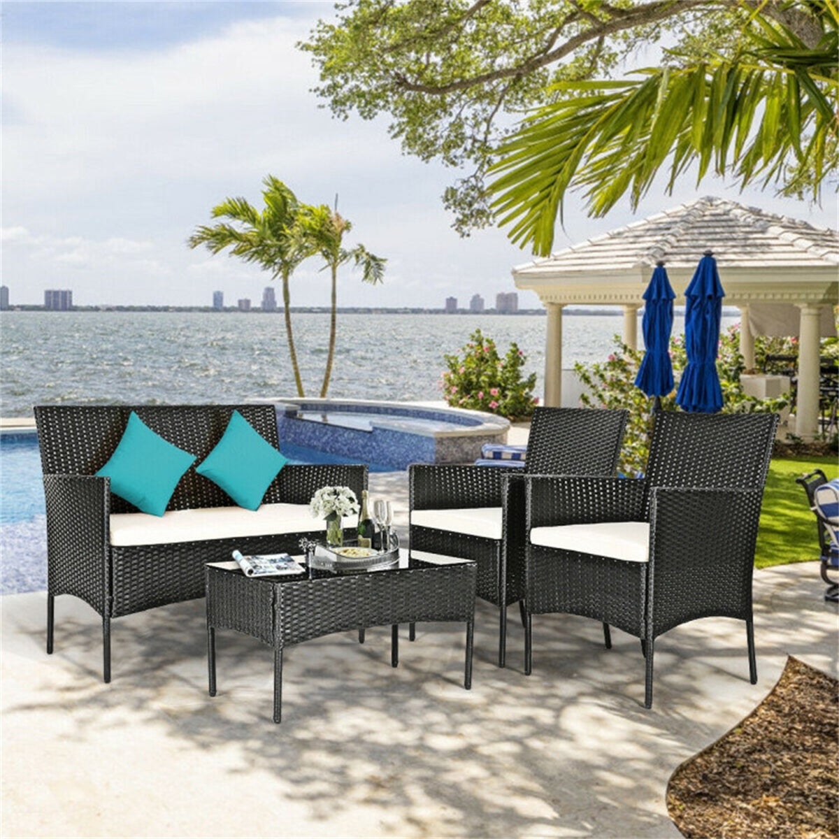 4 Pieces Patio Rattan Cushioned Sofa Set with Tempered Glass Table - Overstock - 37909387