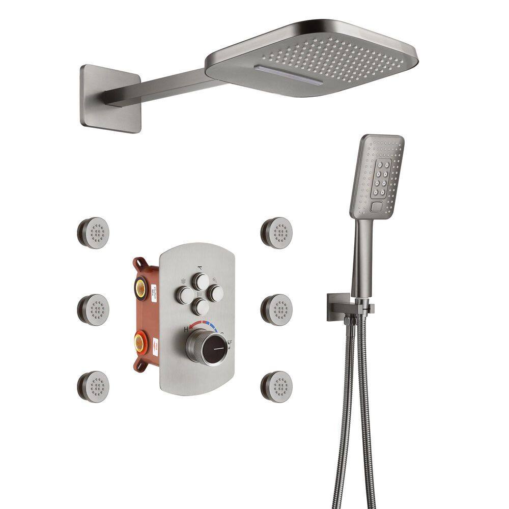 Mondawe Pressure Balanced 4-Spray Patterns 22 in. Wall Mounted Rainfall Dual Shower Heads with 6 Body Spray in Brushed Nickel WF6855-22BN