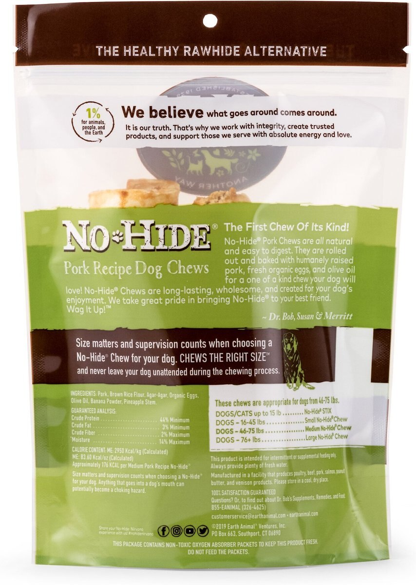 Earth Animal No-Hide Long Lasting Natural Rawhide Alternative Pork Recipe Medium Chew Dog Treats， 2 count