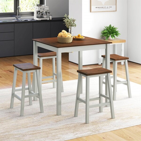 Gymax 5PCS Dining Table Set w/ 4 Saddle Stools Acacia Wood Legs Modern