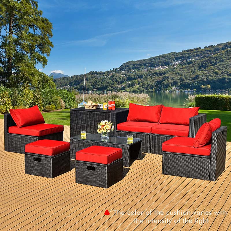 8 Pcs Rattan Wicker Outdoor Patio Furniture Sectional Sofa Set with Storage Box & Waterproof Cover