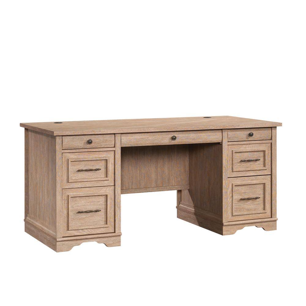 SAUDER Rollingwood Country 65.984 in. Brushed Oak 7-Drawer Executive Desk with Keyboard Shelf 431432