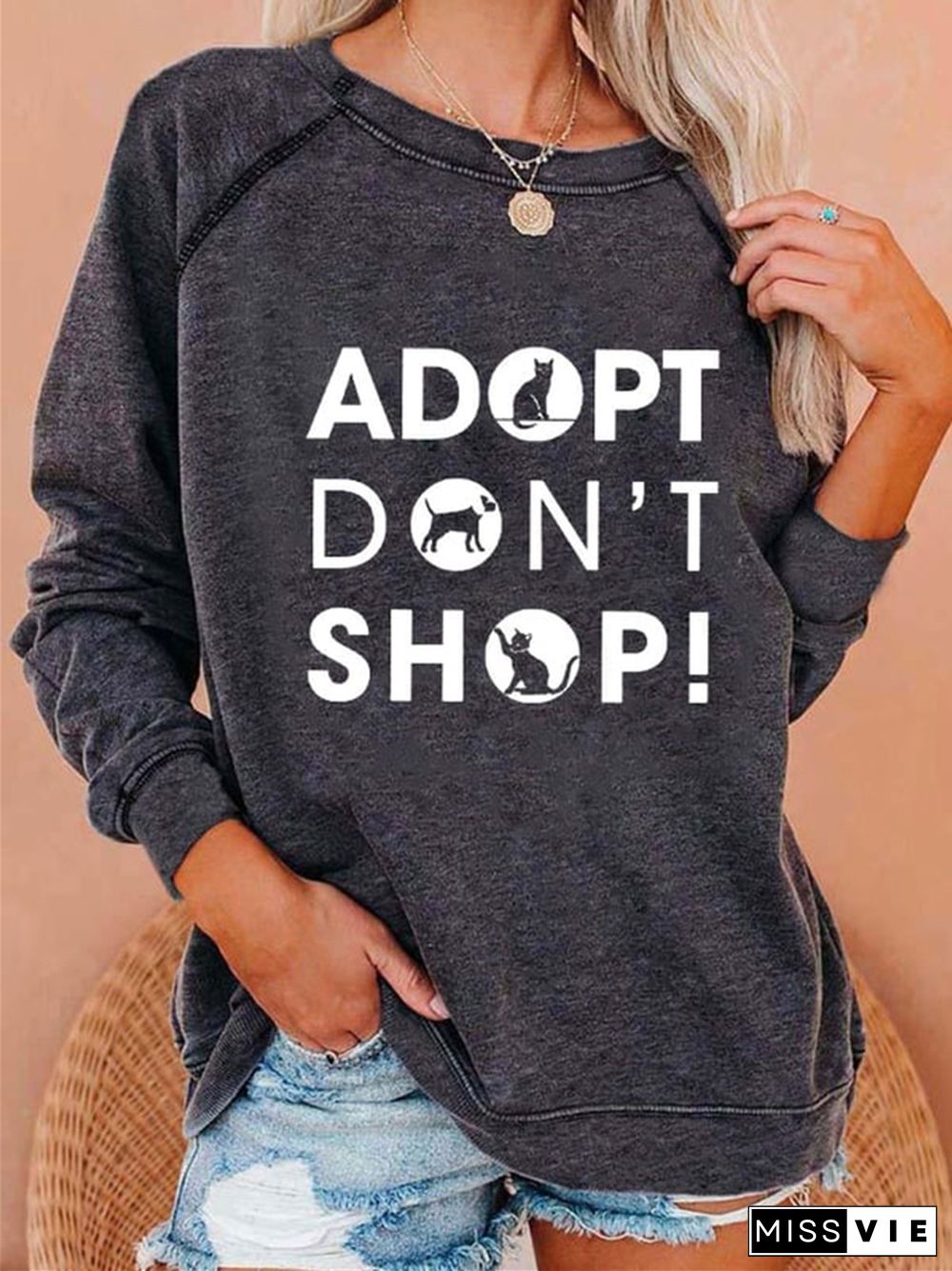 Adopt Don't Shop Print Casual Crewneck Sweatshirt