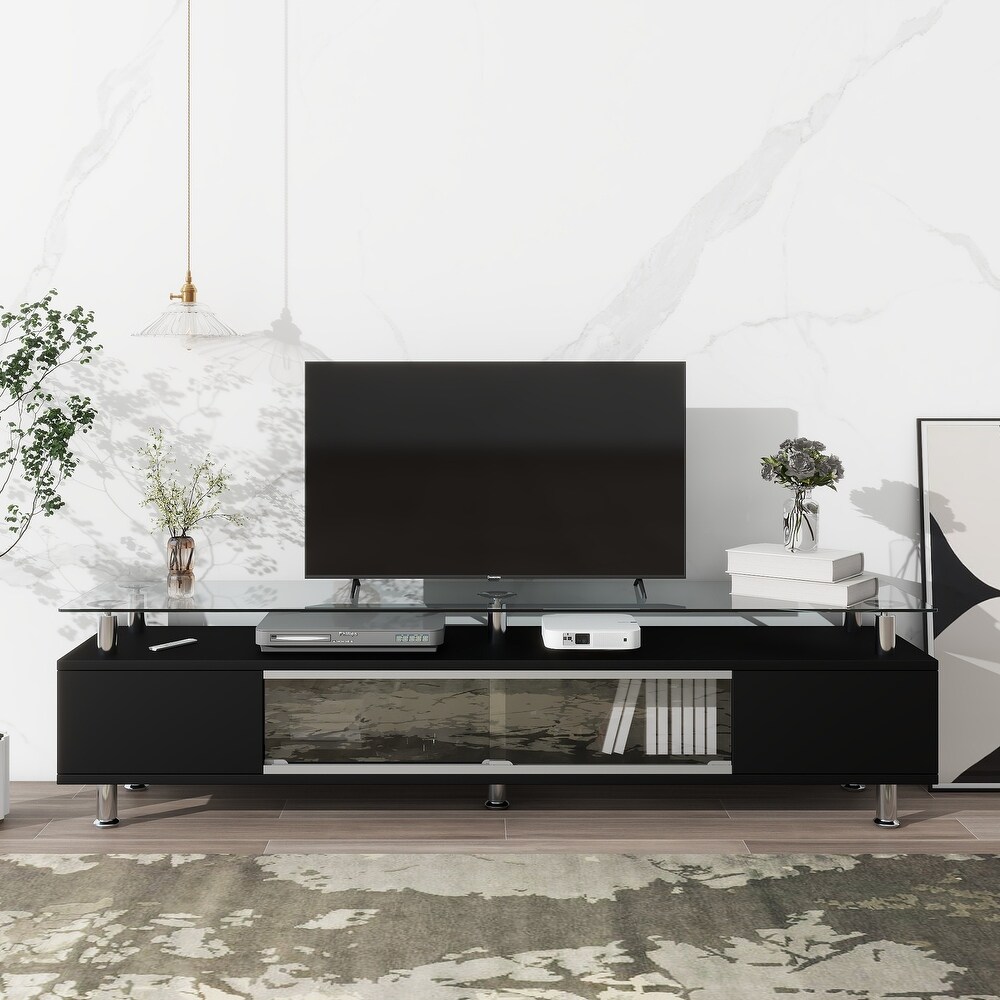 TV Console Table Tempered Glass Sliding Glass Door Media Console with Sliding Glass Door for TV Up to 70\