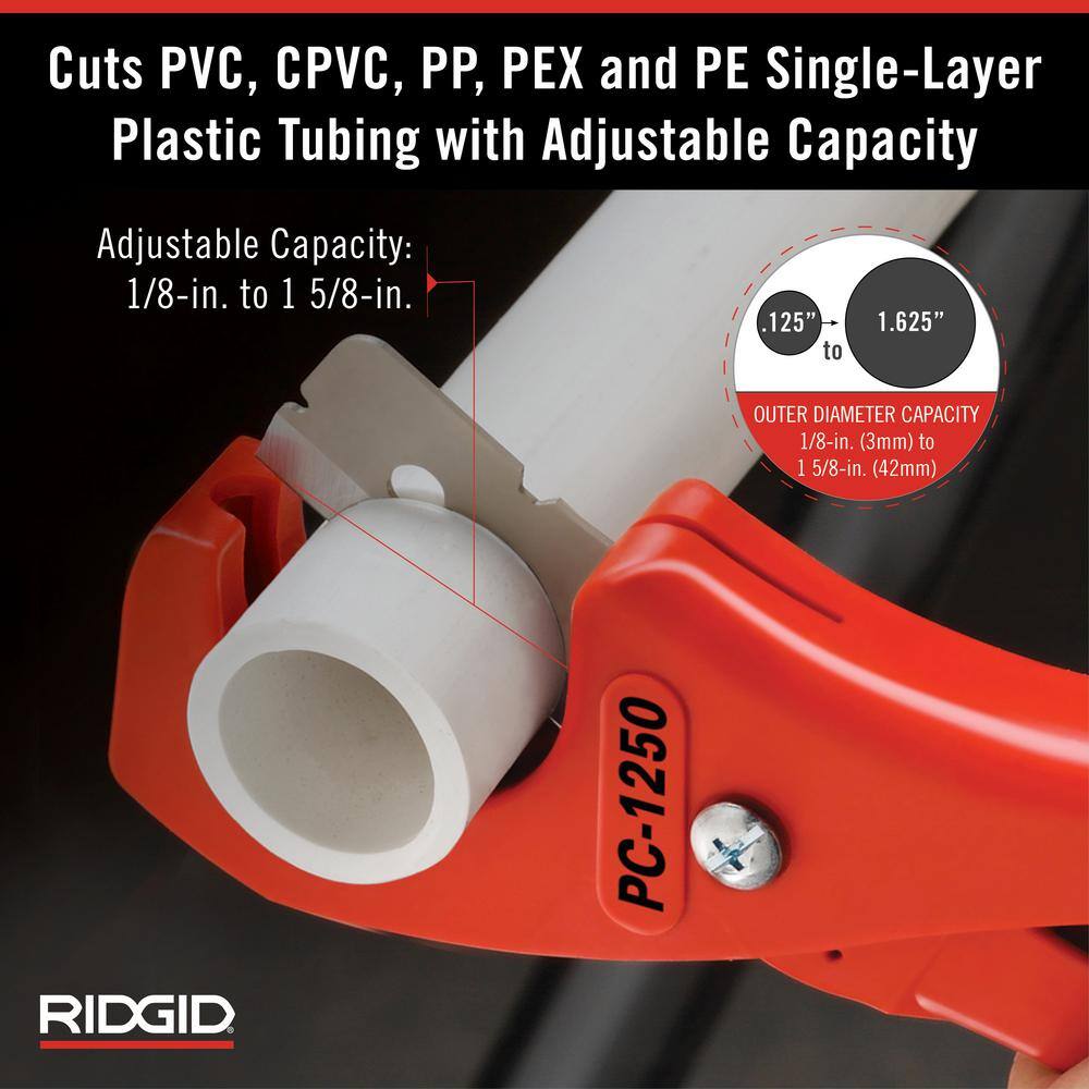 RIDGID 18 in. - 1-58 in. PC-1250 PEX and Vinyl Tubing Cutting Tool Single Stroke Scissor Style Cut with Reversible Blade 23488