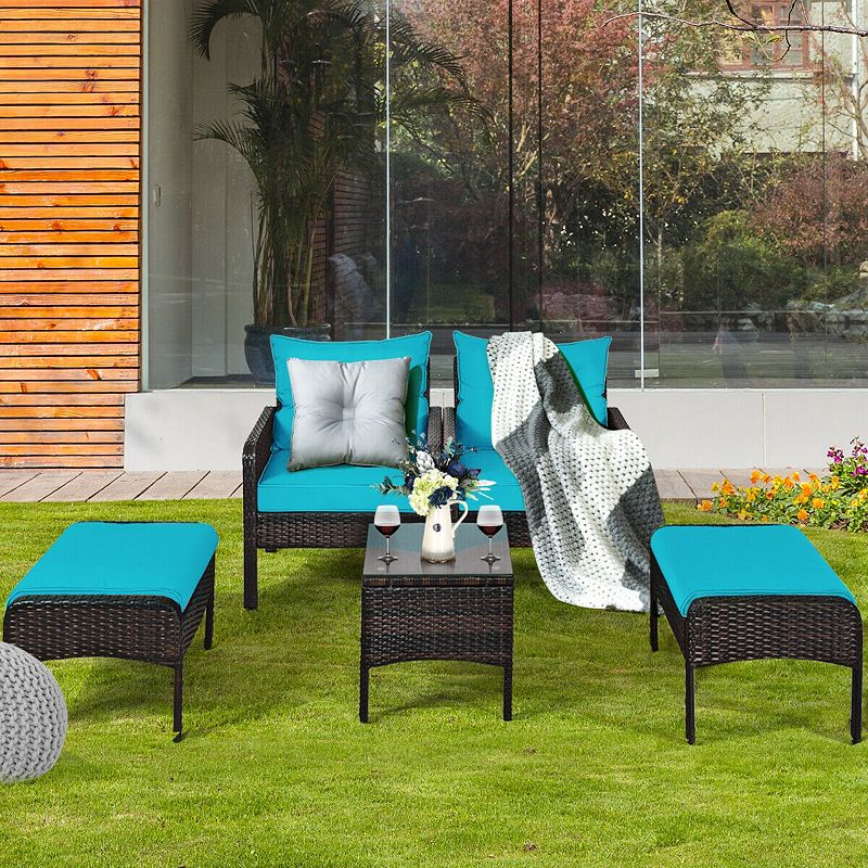 5 Pieces Patio Rattan Sofa Ottoman Furniture Set with Cushions