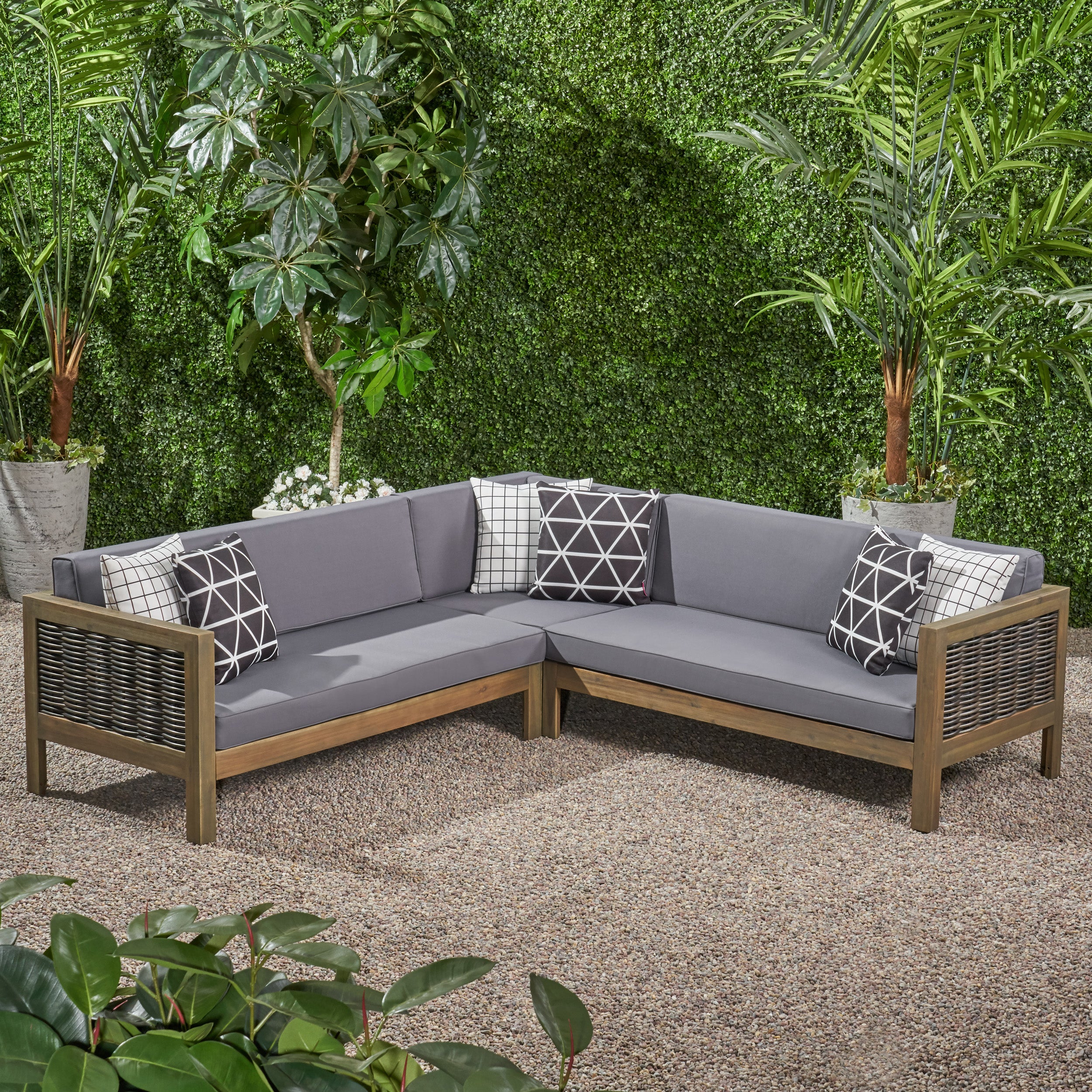 Theresa Outdoor Wood and Wicker 5 Seater Sectional Sofa Set