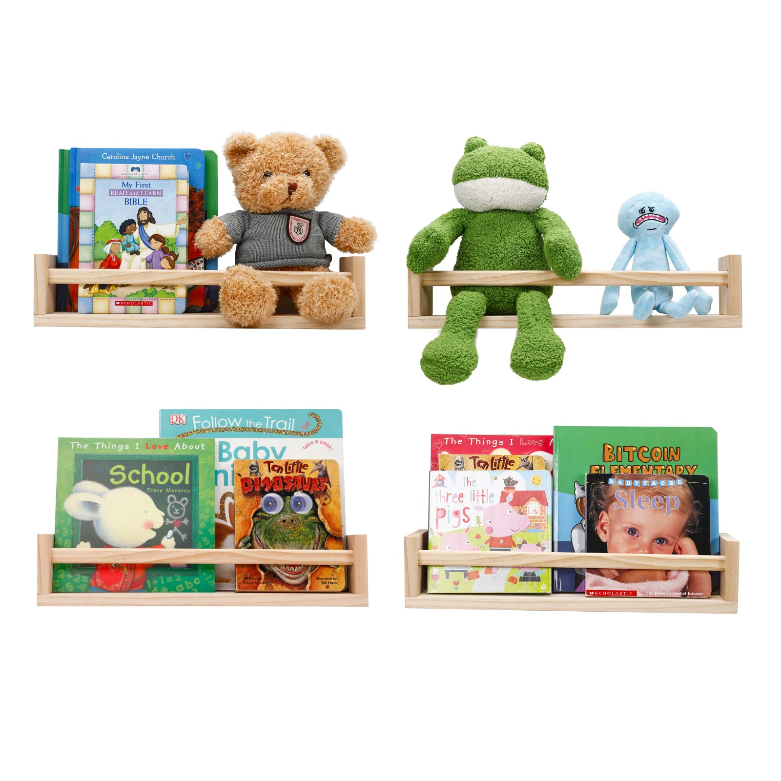 HAPOO Floating Shelves Wall Mounted Shelves, Solid Wood Shelves, Nursery Book Shelves, Kids Bookshelf, 15.75 inch, Natural wood, Set of 4