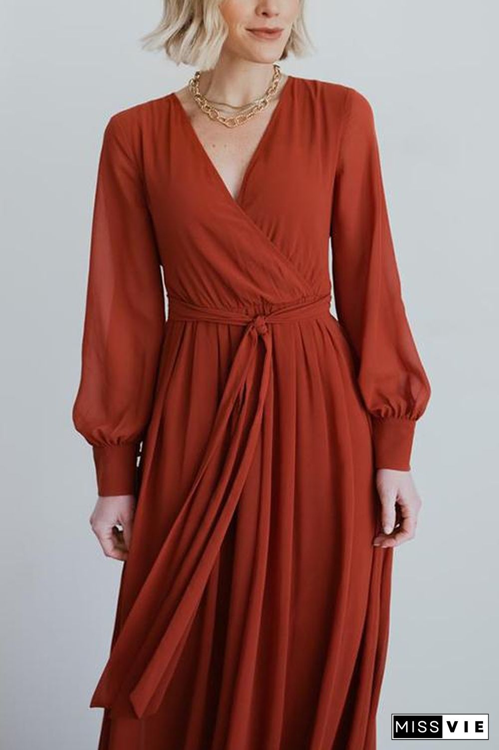 Button Puff Sleeve Belted Maxi Dress