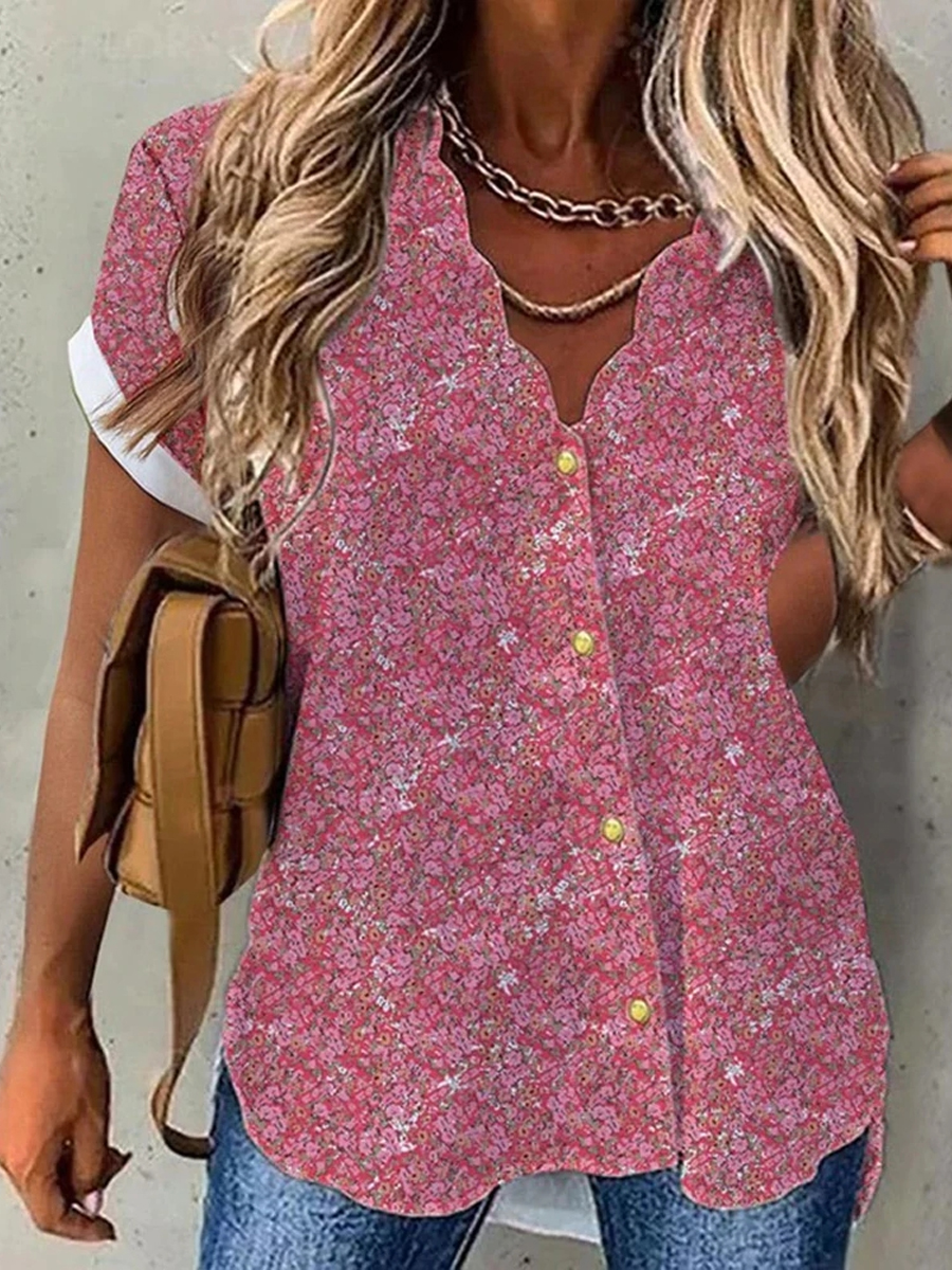 Casual Fashion Floral Print V-Neck Short Sleeve Shirt