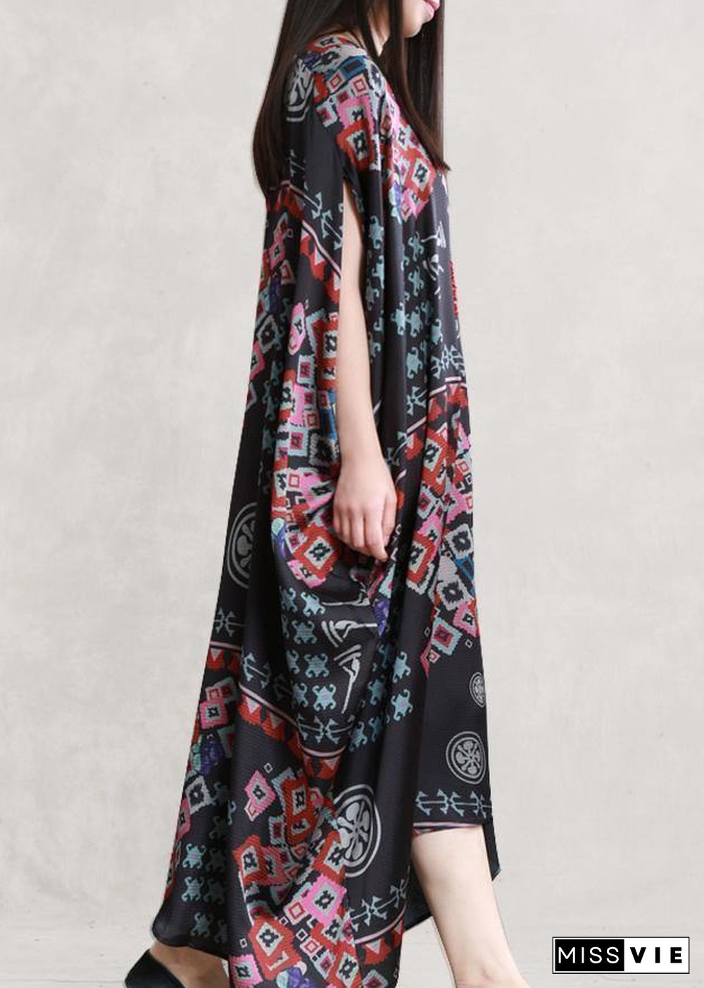 Beautiful black print clothes v neck Batwing Sleeve Traveling summer Dress