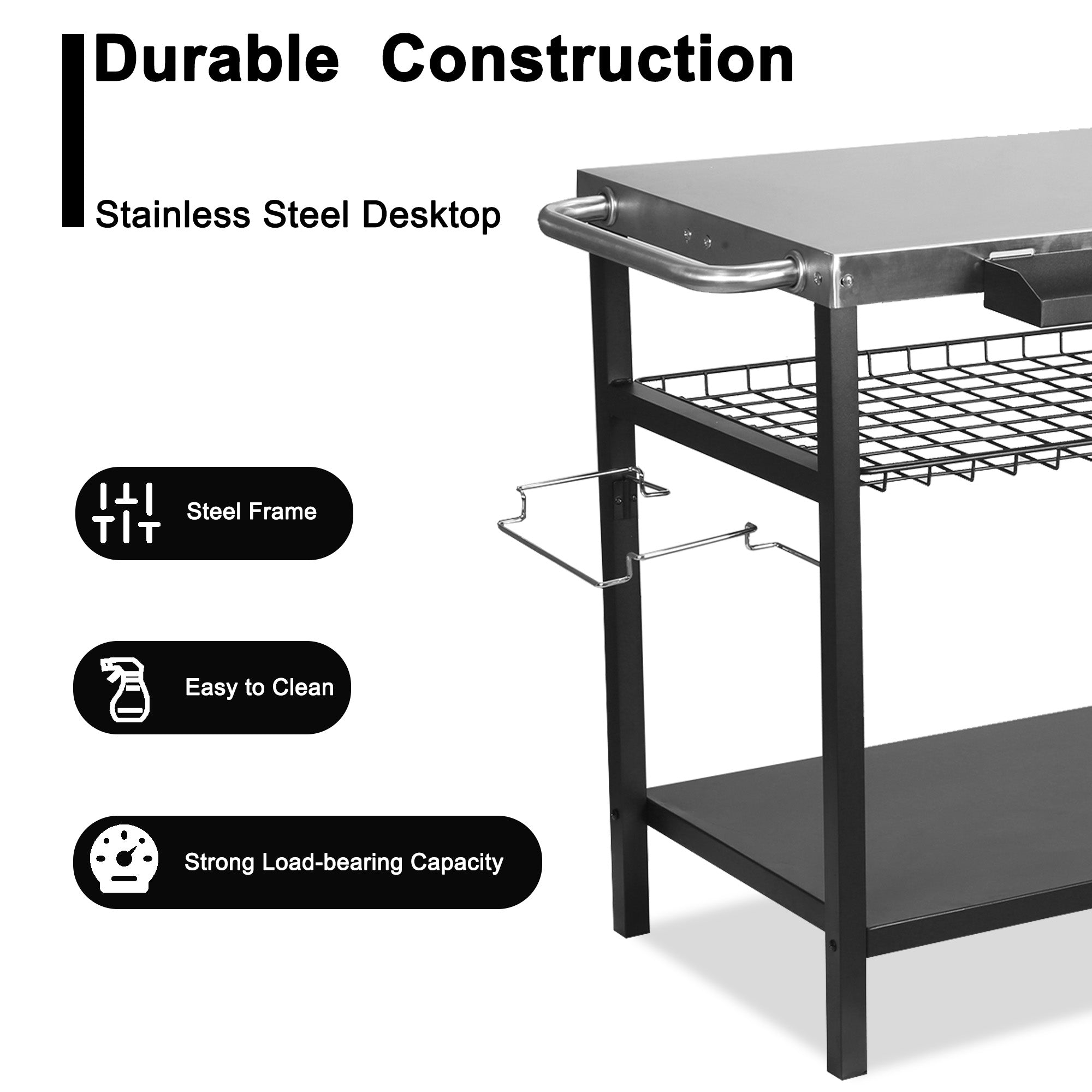 PIZZELLO Outdoor Bar Cart with Storage， Wheels， Handle， Hook， Trash Bag Holder， Paper Towel Holder， Movable Spice Rack - Silver Stainless Steel Tabletop