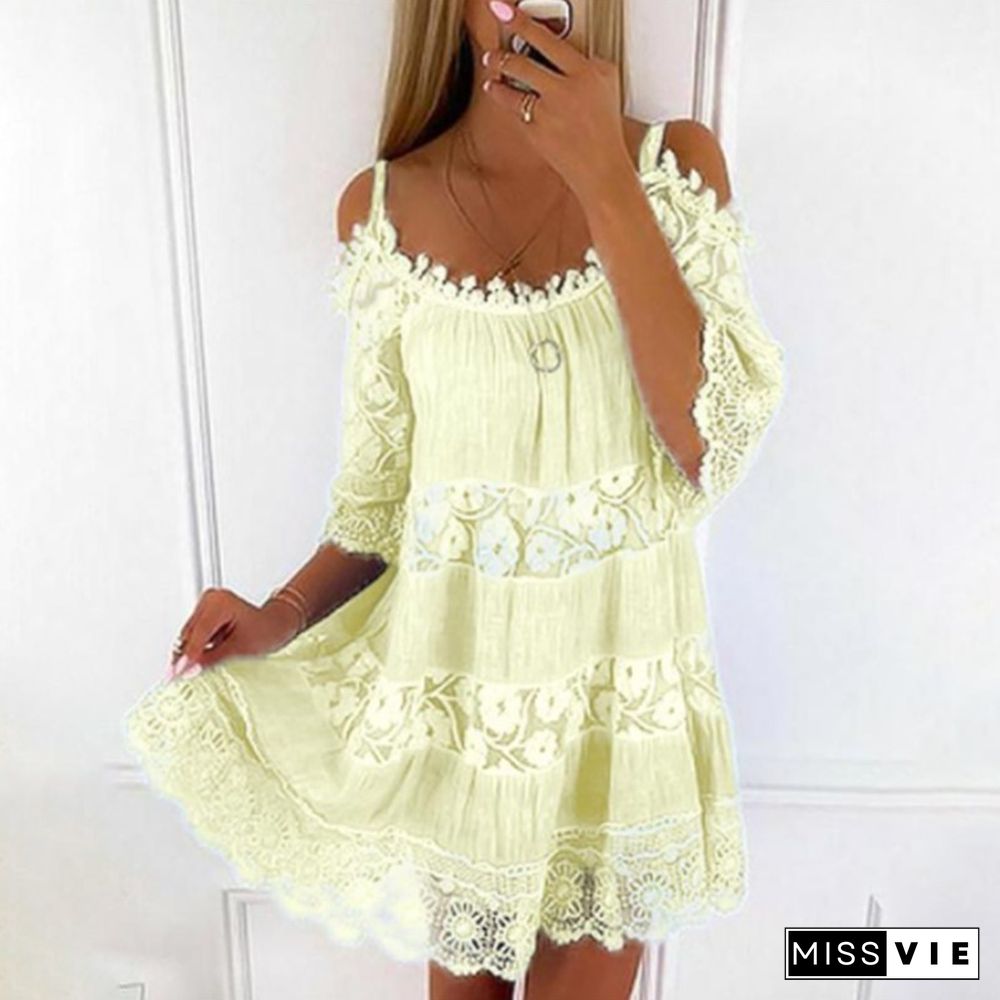 Lace Patchwork Suspender Flower Girdle Casual Solid Loose Dress White Dresses