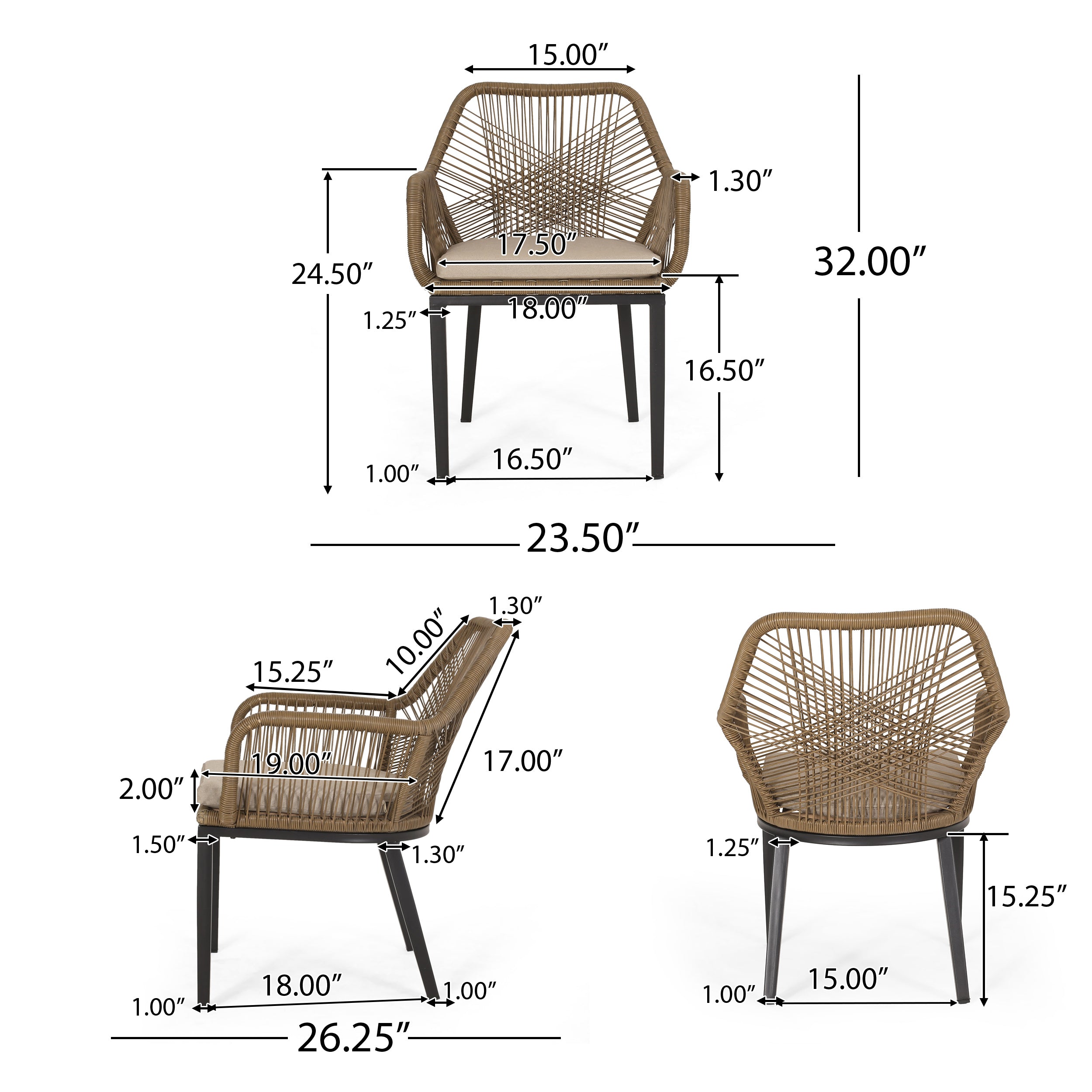 Fromberg Outdoor Wicker Dining Chair with Cushion, Set of 2, Light Brown and Beige