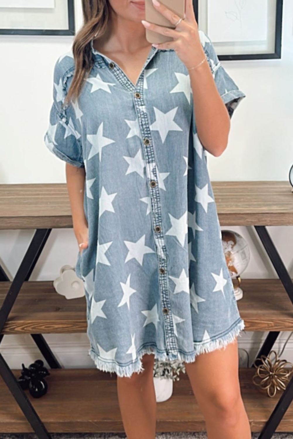 Sky Blue Stars Frayed Hem Collared Short Sleeve Denim Dress