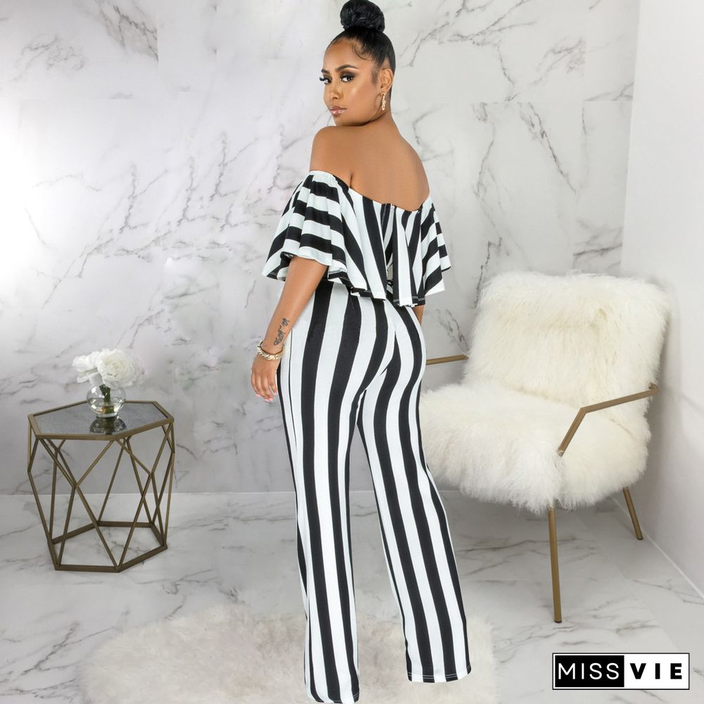 Striped Off Shoulder Wide Leg Jumpsuits