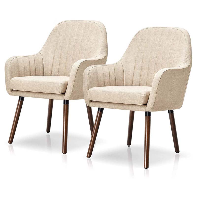 Set of 2 Fabric Dining Chairs, Accent Upholstered Arm Chair with Rubber Wood Legs, Thick Sponge Seat