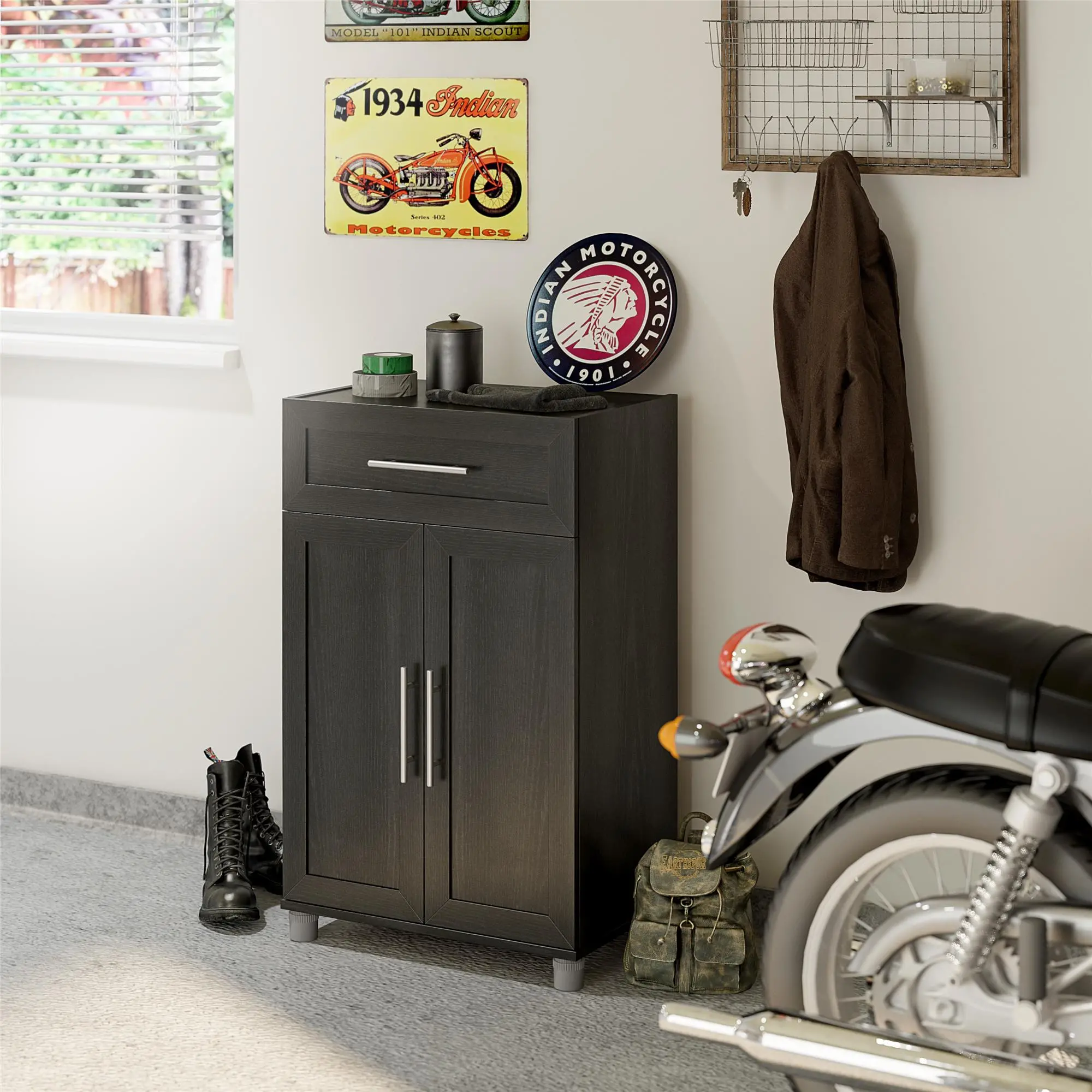 Camberly Framed Black Oak Storage Cabinet with Drawer